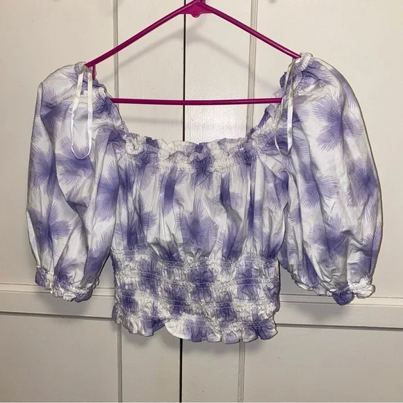 Levi's Large Tilly Printed Smocked Puff Sleeve Ruffle Trim Peasant Top - Picture 4 of 9